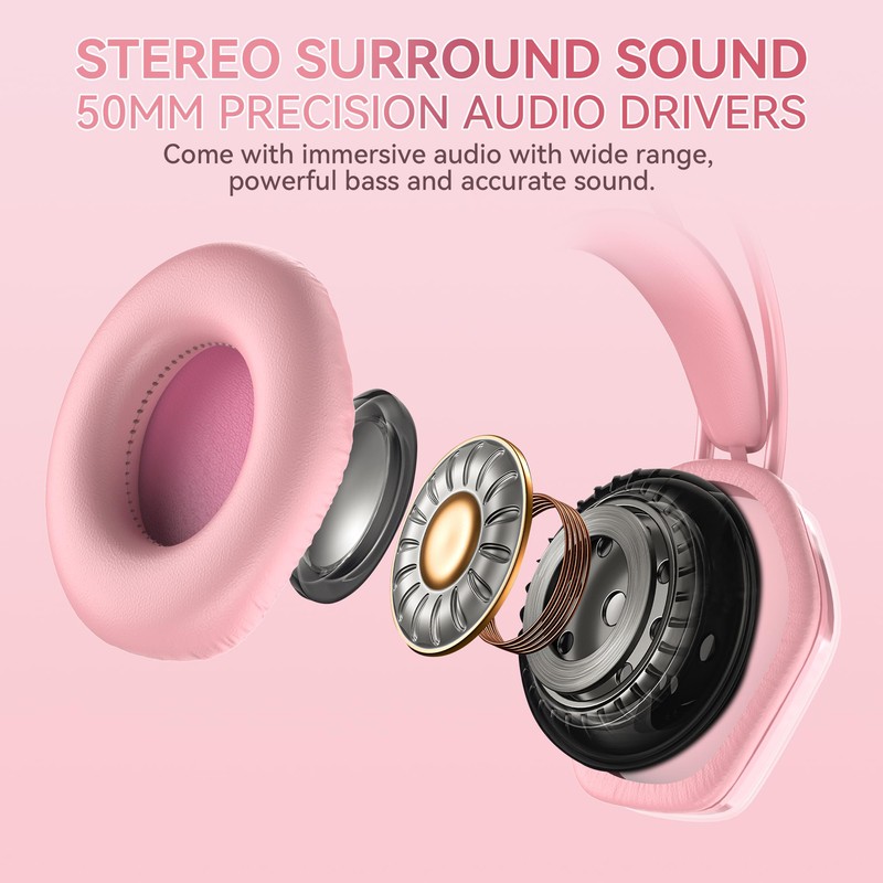 Wantek Cute Cat-Ear Gaming Headset - 50mm Drivers, Noise-Cancelling Mic,
