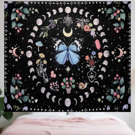 Fjgyjt Butterfly Moon Phase Tapestry Botanical Floral Plant Bohemian Mushroom Tapestry Moon Phase Wall Hanging Tapestries for Bedroom Living Room Decor 59x51in
