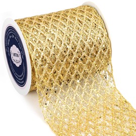 VATIN 6" Gold Christmas Ribbon, Gold Glitter Mesh Diamond Web Sequin Dots Wired Christmas Ribbon for Gift Wrapping Bow Making Wreath Supply-10 Yards