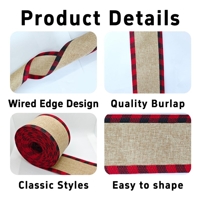 1 Roll 10 Yards Christmas Buffalo Plaid Ribbons, Burlap Wired