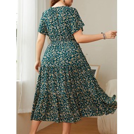 CUPSHE Women’s Plus Size Dress 2024 Summer Bohemian Midi Dresses Short Sleeve A Line Flowy Beach Sundress 2XL Green/Floral