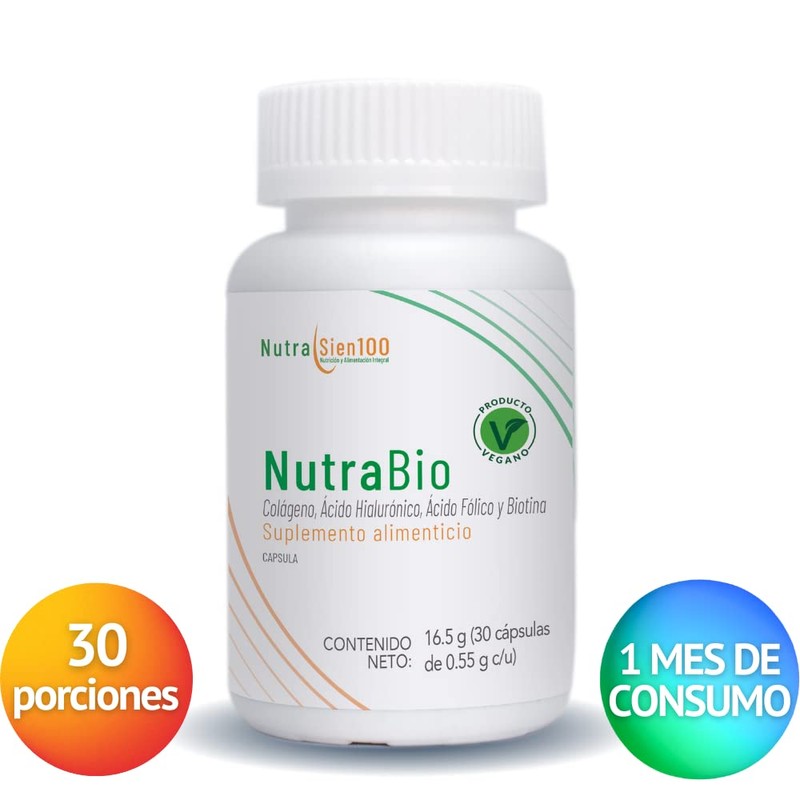 Nutrasien100 Colágeno Biotina Ácido Hialuronico Suplemento Vegano 30 Cápsulas