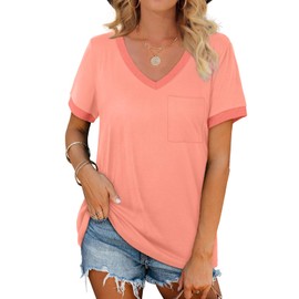 Geifa Summer Tops for Women 2025 Trendy Short Sleeve Clothes for Teen Girls Vneck Basic T Shirts Fashion XL Coral