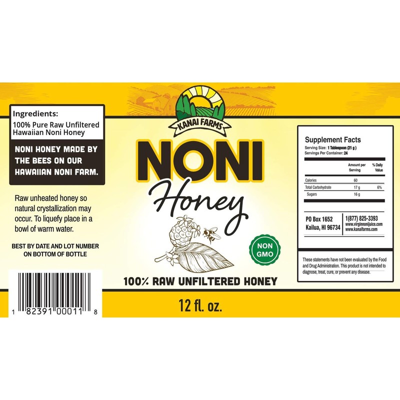 Noni Honey - 100% Pure, Raw, Unfiltered, Unprocessed - 12oz