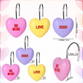 Whaline 12Pcs Valentine's Day Heart Shape Shower Curtain Hooks Conversation Heart Curtain Rings Love Heart Decorative Curtain Hanger Hooks for Bathroom Bedroom Clothing Towel Decor