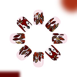 Fall Press on Nails Short Square Fake Nails Glue Thanksgiving False Nails with Cute Squirrel Maple Leaf Design Reusable Acrylic Nails Press Ons Autumn Nail Full Cover Glue on Nail for Women 24 Pcs