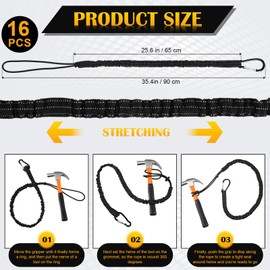 LEIFIDE 16 Pcs Tool Lanyard Standard Length Safety Tool Leash 17.6lb 8kg Tough Adjustable Fall Protection Tether with Aluminum Screw Lock Buckle, Shock Cord Stopper and Retractable Loop End, Black