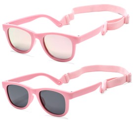 COASION 2 Pack Bendable Flexible Polarized Newborn Baby Sunglasses with Strap for Infant Boys Girls Age 0-12 Months (Matte Pink/Gray + Pink/Pink Mirror)