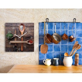 Wall Clock 30 x 30 cm Glass Clock Kitchen Clock Spices Glass Picture Clock Wall Decoration Kitchen Glass Decoration Kitchen Decoration