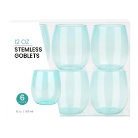 PLASTICPRO 6 Pack Aqua Blue Color Plastic Wine Glasses Stemless Disposable 12 oz BPA Free Shatterproof Plastic Wine Cups Wine Glasses for Parties