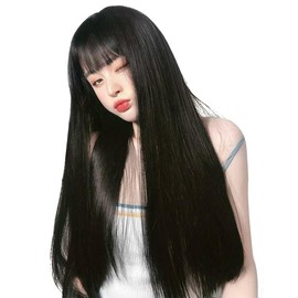 Vigorous Wig, Straight, Long, Full Black Wig with Bangs, Hairpiece, Bad Girl, Korean Style, Wig, Small Face, Natural, Heat Resistant, Net Included