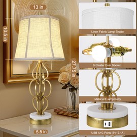 Scenekoy 27.75” Iron Art Table Lamp Set of 2 for Bedroom Living Room, Gold Leaf Night Stand Bedside Lamps with USB Ports, Pull Chains Modern Nightstand Lamp Line Shade for Home Decor (Bulbs Included)