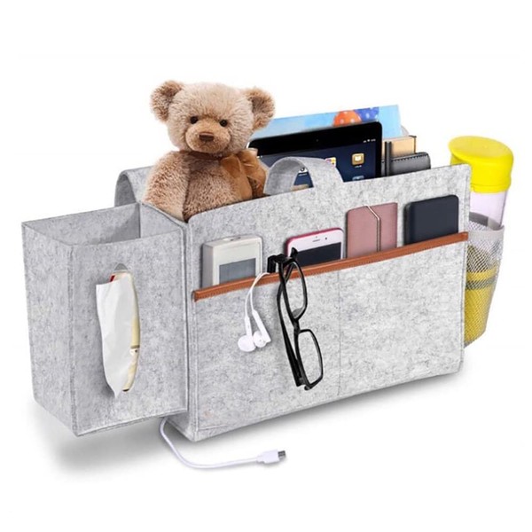Liseng Bedside Organizer, Felt Bed with Tissue Box and Water Holder, Phone - Light Gray