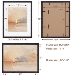 11x14 Picture Frames Set of 3, Solid Oak Wood Frame 11 x 14, 11"x14" Photo Frames for Wall, 11x14 Wood Frame, 11 x 14 Frame with Mat for 8x10, Real Tempered Glass (Black Color, 3 Pack)