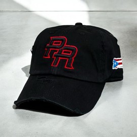 Puerto Rico Distressed Dad Hats Metal Buckle:_Black/Red Logo