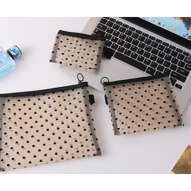 3Pcs Different Sizes Cosmetic Bags, Heart Print Zipper Mesh Bags, Lipstick Cosmetic Accessories Organizer, Mesh Makeup Bag, Zipper Mesh Cosmetic Bag for Women (Apricot, Style 1)