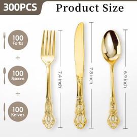 Pryntono 300PCS Gold Plastic Silverware, Heavy Duty Gold Disposable Utensils, Retro Design Plastic Cutlery Set Includes 100 Forks, 100 Spoons, 100 Knives for Parties and Wedding