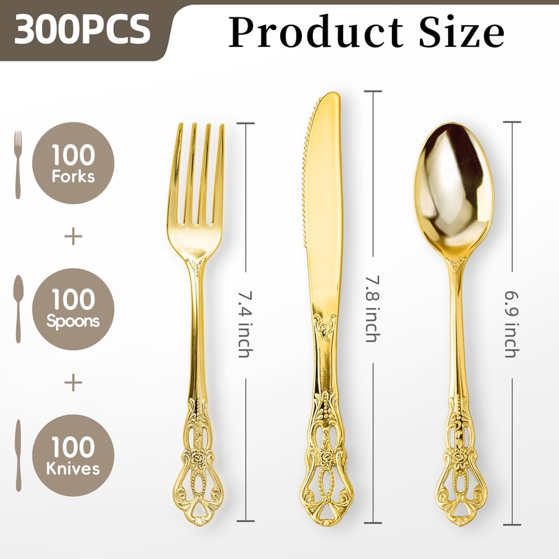 Pryntono 300PCS Gold Plastic Silverware, Heavy Duty Gold Disposable Utensils,