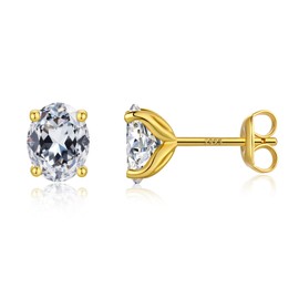 JiaYangJY Oval Cut 4ct CZ Diamond Stud Earrings for Women, 925 Sterling Silver 18K Yellow Gold Plated Flower Prong Design with 7MM Simulated Diamonds Earring