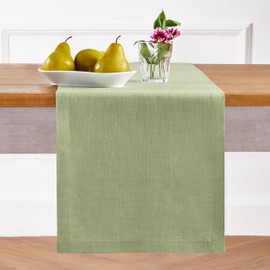 Solino Home Linen Table Runner 48 Inch - 100% Pure Linen Chambray Olive Short Table Runner 14 x 48 Inch Ideal for Dresser and Coffee Tables - Athena
