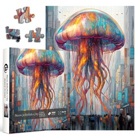 Magical Jellyfish Puzzles for Adults 1000 Pieces, Fantasy City Marine Life Jigsaw Puzzles, Colorful Abstract Urban Floating Animal Puzzle