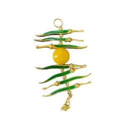 Stylish Single Metal Yellow & Green Nimbu Mirchi Wall Hanging with Crystal Beads Used as protection from an Evil eye.