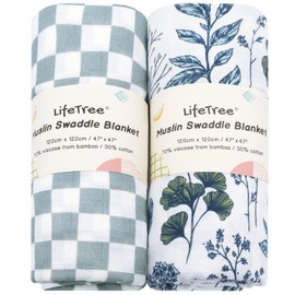 LifeTree Muslin Swaddle Blankets Neutral, Baby Swaddling Wrap Nursery Blanket, Soft 70% Viscose from Bamboo and 30% Cotton, Lightweight & Breathable 47 x 47 in, Blue and White Porcelain & Checkered