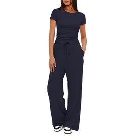 Darong Women's Two Piece Outfits Lounge Sets Ruched Short Sleeve Pullover Tops and High Waisted Pants Tracksuit Sets 9042B Dark Blue M