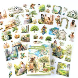 Dwpetzo Spring Landscape Pre-Cut Journal Sticker Book for Junk Journaling, Transparent PET Stickers for Scrapbook Supplies, Scrapbooking, Collage, Planners, Bujo, 20 Sheets