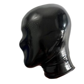 GREEFEI Black Latex Micropore Hooded Mask, Rubber Mask with Zip, Eyes, Mouth, Handmade, Latex Mask, Cosplay Costume, XL