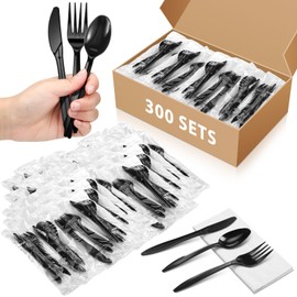 Uiifan 1200 Pcs Plastic Silverware Sets Individually Wrapped Plastic Utensils Cutlery Bulk Disposable Knife Fork Spoon Napkin Kit for Lounge Wedding Picnic BBQ Camping Party Accessories (Black)