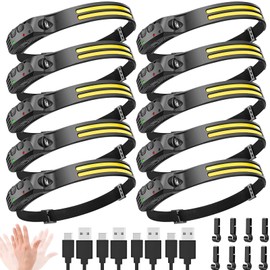 FLUEFOWL New LED Headlamp Rechargeable, 230° COB Super Bright Head Lights for Forehead, 6Mode Hard Hat Light for Adults, USB C Headband Flashlight for Work, Hiking, Running, Camping (10Pack)