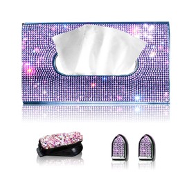 Car Visor Tissue Box Holder, Bling Crystals PU Leather Napkin Holder, Glitter Car Visor Accessories with Sparkly Mask Hook Clip for Women, Gift for Christmas Thanksgiving (Purple 4 pcs)