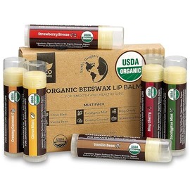 USDA Organic Lip Balm 6-Pack by Earths Daughter - Fruit Flavors, Beeswax, Coconut Oil, Vitamin E - Best Lip Repair Chap Stick for Dry Cracked Lips.   