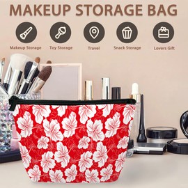 BIGXIUKA Red White Hibiscus Flower Cosmetic Bags for Women,Hawaiian Small Makeup Bag for Purse Travel Toiletry Bag Make up Accessories Organizer Zipper Pouch Gift Idea