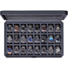 ROTHWELL 24 Slot Watch Case with Lock – Luxury Watch Box to Display and Organize Your Collection | Real Glass Top | Premium Storage for Collectors (Carbon)