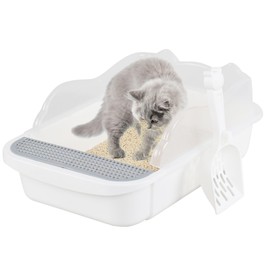 Open Top Cat Litter Box with Scoop, Anti-Splashing High Side Plastic Cat Litter Tray, White