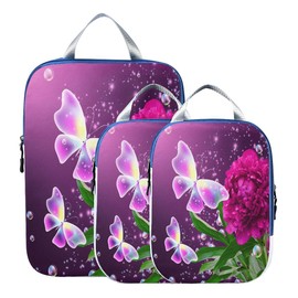 ALAZA Compression Packing Cubes for Suitcases 3 Set, Peony Butterflies Travel Luggage Organiser Packing Cubes for Clothes Shoes Home Storage