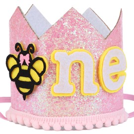 Cheerupp 1st Bee Pink Birthday Hat for Girls, 1st Birthday Crown Hat for Bumble Honey Bee Themed First Birthday Party Decorations Supplies