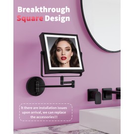 WZKALY Rechargeable Wall Mounted Makeup Mirror with Lights, 4000mAh Double Sided 1X/10X Magnifying Vanity Mirror with 3 Color Lights, Touch Dimmable, 360° Extension Foldable Arm (Matte Black)