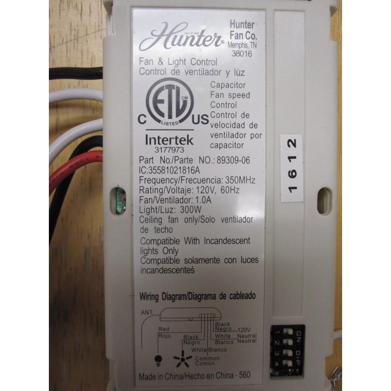 HUNTER Geniune Original Replacement Ceiling Fan Wireless Remote Receiver 89309