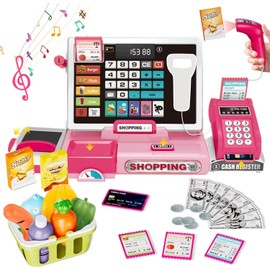 SliBoeyX Cash Register Playset Toy for Kids, Real Calculator Register, Pretend Play Store with Music, Scanner, Play Money, Food, Microphone, Preschool Learning Toy Playset Gift for Toddler Boy Girl