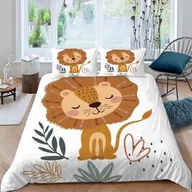 AASIRA Cute Lion Bed Linen 135 x 200 cm Children's Bed Linen Wild Animals Soft Microfibre Duvet Cover with Zip Boys Girls Bedding Set 3D Motif Duvet Covers with 2 Pillowcases 80 x 80 cm