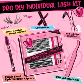 𝐏𝐑𝐎 Lash Extension Kit 280Pcs Lash Clusters Eyelash Extension Kit with Lash Bond and Seal Lash Remover Lash Applicator Individual Lashes Kit Eyelash Brush Easy to Apply at Home(30D+40D-9-16mix Kit)