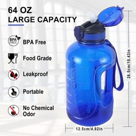 GIFUBOWA 2l Water Bottle with Straw Leak-Proof Motivational Time Marker Big Drinks Jug 64oz