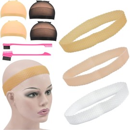 3 Bandas de Agarre de Silicona, Diademas Elásticas Antideslizantes, 4 Gorros para Peluca y 2 Cepillos para Sujetar la Peluca (Mezcla)