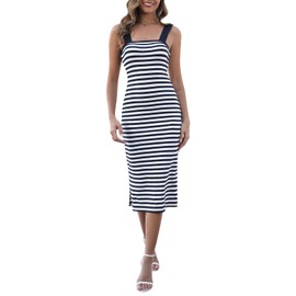 Manydress Women's Striped Beach Sundress Summer Casual Square Neck Fitted Bodycon Tank Midi Dress MY334 (Blue Stripe, L)