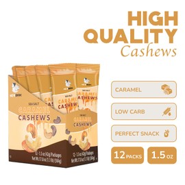 NEWBAM Sea Salt Caramel Cashews Individual Packs - 12 Cashew Snack Packs Roasted Nuts (1.5oz Each) – Keto, Vegan, Gluten-Free - Healthy Snacks for Trail Mix, Office, or Party - Lightly Salted, Sweet Tasty