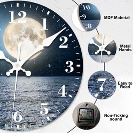 VURQLHE Wall Clocks Battery Operated, Full Moon Over The Sea Silent Non Ticking Decorative Indoor Outdoor Wall Clocks for Living Room Kitchen Bedroom Bathroom 12"