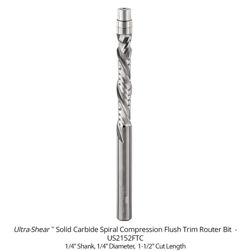 Ultra-Shear Solid Carbide Flush Trim Router Bit, 1/4" CD, 1/4"